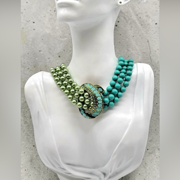 RARE Heidi Daus Retired Asymmetrical Pearl Turquoise Opal Necklace 14-18” Choker - Picture 8 of 17